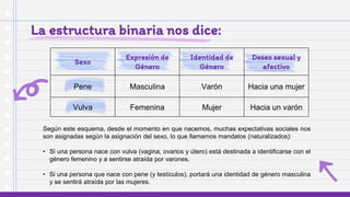 Sexo
Expresión de
Género
Identidad de
Género
Deseo sexual y
afectivo
Pene Masculina Varón Hacia una mujer
Vulva Femenina Mujer Hacia un varón
La estructura binaria nos dice:
Según este esquema, desde el momento en que nacemos, muchas expectativas sociales nos
son asignadas según la asignación del sexo, lo que llamamos mandatos (naturalizados):
• Si una persona nace con vulva (vagina, ovarios y útero) está destinada a identificarse con el
género femenino y a sentirse atraída por varones.
• Si una persona que nace con pene (y testículos), portará una identidad de género masculina
y se sentirá atraída por las mujeres.
 