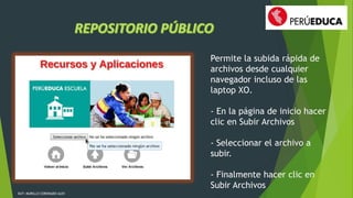 DAT: MURILLO CORONADO ALEX 
Permite la subida rápida de 
archivos desde cualquier 
navegador incluso de las 
laptop XO. 
- En la página de inicio hacer 
clic en Subir Archivos 
- Seleccionar el archivo a 
subir. 
- Finalmente hacer clic en 
Subir Archivos 
 