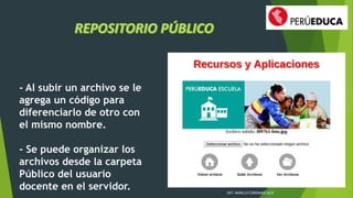DAT: MURILLO CORONADO ALEX 
- Al subir un archivo se le 
agrega un código para 
diferenciarlo de otro con 
el mismo nombre. 
- Se puede organizar los 
archivos desde la carpeta 
Público del usuario 
docente en el servidor. 
 