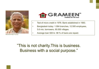 •   Test of micro credit in 1976. Bank established in 1983.
                     •   Bangladesh today: 1.084 branches, 12.500 employees,
                         5.6 mio. borrowers, 60.000 villages.
                     •   Average loan 500 kr. 98 % of loans are repaid.
Muhammad Yunus




            ”This is not charity.This is business.
              Business with a social purpose.”
 
