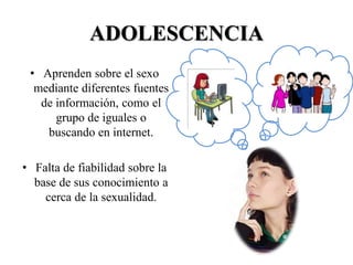 ADOLESCENCIA
 • Aprenden sobre el sexo
  mediante diferentes fuentes
   de información, como el
      grupo de iguales o
    buscando en internet.

• Falta de fiabilidad sobre la
  base de sus conocimiento a
    cerca de la sexualidad.
 