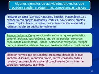 Algunos ejemplos de actividades/proyectos que pueden ayudar a adquirir las competencias básicas  Preparar un tema  (Ciencias Naturales, Sociales, Matemáticas…) y  exponerlo   con apoyos materiales : carteles,  power point , objetos reales. Implica: hacer un índice, buscar información, elaborarla y redactar, hablar en público formalmente. Recoger información  –y relacionarla- sobre la riqueza paisajística, cultural, artística, gastronómica, etc. de los pueblos, comarcas, comunidades autónomas, España. Seleccionar categorías, recoger datos, analizarlos, elaborar trabajo. Presentar datos y  conclusiones. Elaborar normas  que se cumplan: propuesta, detalle de lo que implican, discusión, redacción propia, cartel, consenso padres, revisión, responsable de anotar el cumplimiento (+, -), informe sobre los resultados, asamblea. 