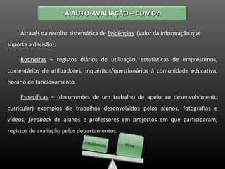 Através da recolha sistemática de  Evidências   (valor da informação que suporta a decisão): Rotineiras  – registos diários de utilização, estatísticas de empréstimos, comentários de utilizadores, inquéritos/questionários à comunidade educativa, horário de funcionamento. Específicas  – (decorrentes de um trabalho de apoio ao desenvolvimento curricular) exemplos de trabalhos desenvolvidos pelos alunos, fotografias e vídeos,  feedback  de alunos e professores em projectos em que participaram, registos de avaliação pelos departamentos. A AUTO-AVALIAÇÃO – COMO? 