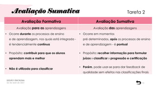 Avaliação Sumativa
Avaliação Formativa Avaliação Sumativa
Avaliação para as aprendizagens Avaliação das aprendizagens
• Ocorre durante os processos de ensino
e de aprendizagem, nos quais está integrada -
é tendencialmente contínua
• Propósito: contribuir para que os alunos
aprendam mais e melhor
• Não é utilizada para classificar
• Ocorre em momentos
pré determinados, após os processos de ensino
e de aprendizagem - é pontual
• Propósito: recolher informação para formular
juízos » classificar » progressão e certificação
• Porém, pode usar-se para dar feedback de
qualidade sem efeitos nas classificações finais
SESSÃO SÍNCRONA
26 de abril de 2021 15
Tarefa 2
 