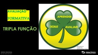 SESSÃO SÍNCRONA
26 de abril de 2021
7
PRINCÍPIOS
TRIPLA FUNÇÃO
AVALIAÇÃO
FORMATIVA APRENDER
ENSINAR AVALIAR
 