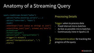 Anatomy of a Streaming Query
Processing Details
Trigger: when to process data
- Fixed interval micro-batches
- As fast as possible micro-batches
- Continuously (new in Spark 2.3)
Checkpoint location: for tracking the
progress of the query
spark.readStream.format("kafka")
.option("kafka.boostrap.servers",...)
.option("subscribe", "topic")
.load()
.selectExpr("cast (value as string) as json")
.select(from_json("json", schema).as("data"))
.writeStream
.format("parquet")
.option("path", "/parquetTable/")
.trigger("1 minute")
.option("checkpointLocation", "…")
.start()
 