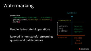 Watermarking
max event time
event time
watermark
parsedData
.withWatermark("timestamp", "10 minutes")
.groupBy(window("timestamp","5 minutes"))
.count()
late data
allowed to
aggregate
data too
late,
dropped
Used only in stateful operations
Ignored in non-stateful streaming
queries and batch queries
watermark
delay
of 10 mins
 