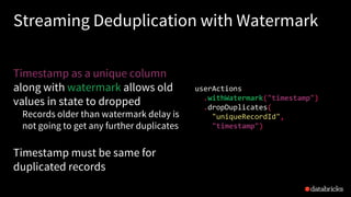 Streaming Deduplication with Watermark
Timestamp as a unique column
along with watermark allows old
values in state to dropped
Records older than watermark delay is
not going to get any further duplicates
Timestamp must be same for
duplicated records
userActions
.withWatermark("timestamp")
.dropDuplicates(
"uniqueRecordId",
"timestamp")
 