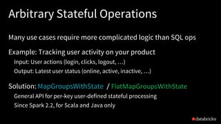 Arbitrary Stateful Operations
Many use cases require more complicated logic than SQL ops
Example: Tracking user activity on your product
Input: User actions (login, clicks, logout, …)
Output: Latest user status (online, active, inactive, …)
Solution: MapGroupsWithState
General API for per-key user-defined stateful processing
Since Spark 2.2, for Scala and Java only
MapGroupsWithState / FlatMapGroupsWithState
 