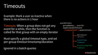 Timeouts
Example: Mark a user as inactive when
there is no actions in 1 hour
Timeouts: When a group does not get any
event for a while, then the function is
called for that group with an empty iterator
Must specify a global timeout type, and set
per-group timeout timestamp/duration
Ignored in a batch queries
userActions.withWatermark("timestamp")
.groupByKey(_.userId)
.mapGroupsWithState
(timeoutConf)(updateState)
EventTime
Timeout
ProcessingTime
Timeout
NoTimeout
(default)
 