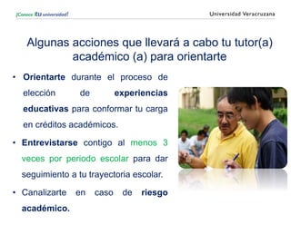 • Orientarte durante el proceso de
elección de experiencias
educativas para conformar tu carga
en créditos académicos.
• Entrevistarse contigo al menos 3
veces por periodo escolar para dar
seguimiento a tu trayectoria escolar.
• Canalizarte en caso de riesgo
académico.
Algunas acciones que llevará a cabo tu tutor(a)
académico (a) para orientarte
 