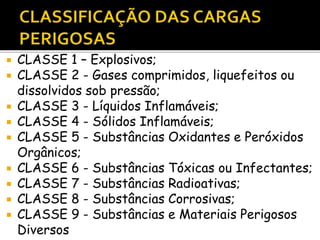  CLASSE 1 – Explosivos;
 CLASSE 2 - Gases comprimidos, liquefeitos ou
dissolvidos sob pressão;
 CLASSE 3 - Líquidos Inflamáveis;
 CLASSE 4 - Sólidos Inflamáveis;
 CLASSE 5 - Substâncias Oxidantes e Peróxidos
Orgânicos;
 CLASSE 6 - Substâncias Tóxicas ou Infectantes;
 CLASSE 7 - Substâncias Radioativas;
 CLASSE 8 - Substâncias Corrosivas;
 CLASSE 9 - Substâncias e Materiais Perigosos
Diversos
 