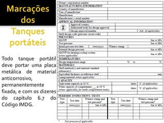 Todo tanque portátil
deve portar uma placa
metálica de material
anticorrosivo,
permanentemente
fixada, e com os dizeres
do capítulo 6.7 do
Código IMDG.
 