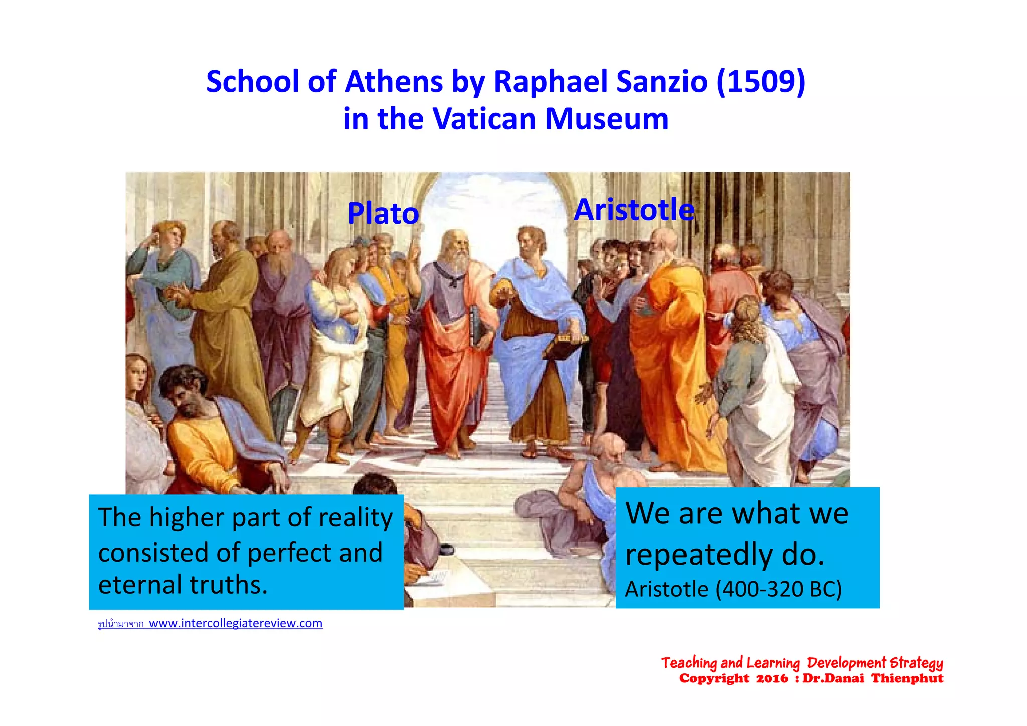 School of Athens by Raphael Sanzio (1509) 
in the Vatican Museumin the Vatican Museum
A i lPlato Aristotle
We are what we The higher part of reality 
repeatedly do. 
Aristotle (400‐320 BC)
g p y
consisted of perfect and 
eternal truths.
รูปนํามาจาก www.intercollegiatereview.com
Teaching and Learning Development Strategy
Copyright 2016 : Dr.Danai Thienphut
 