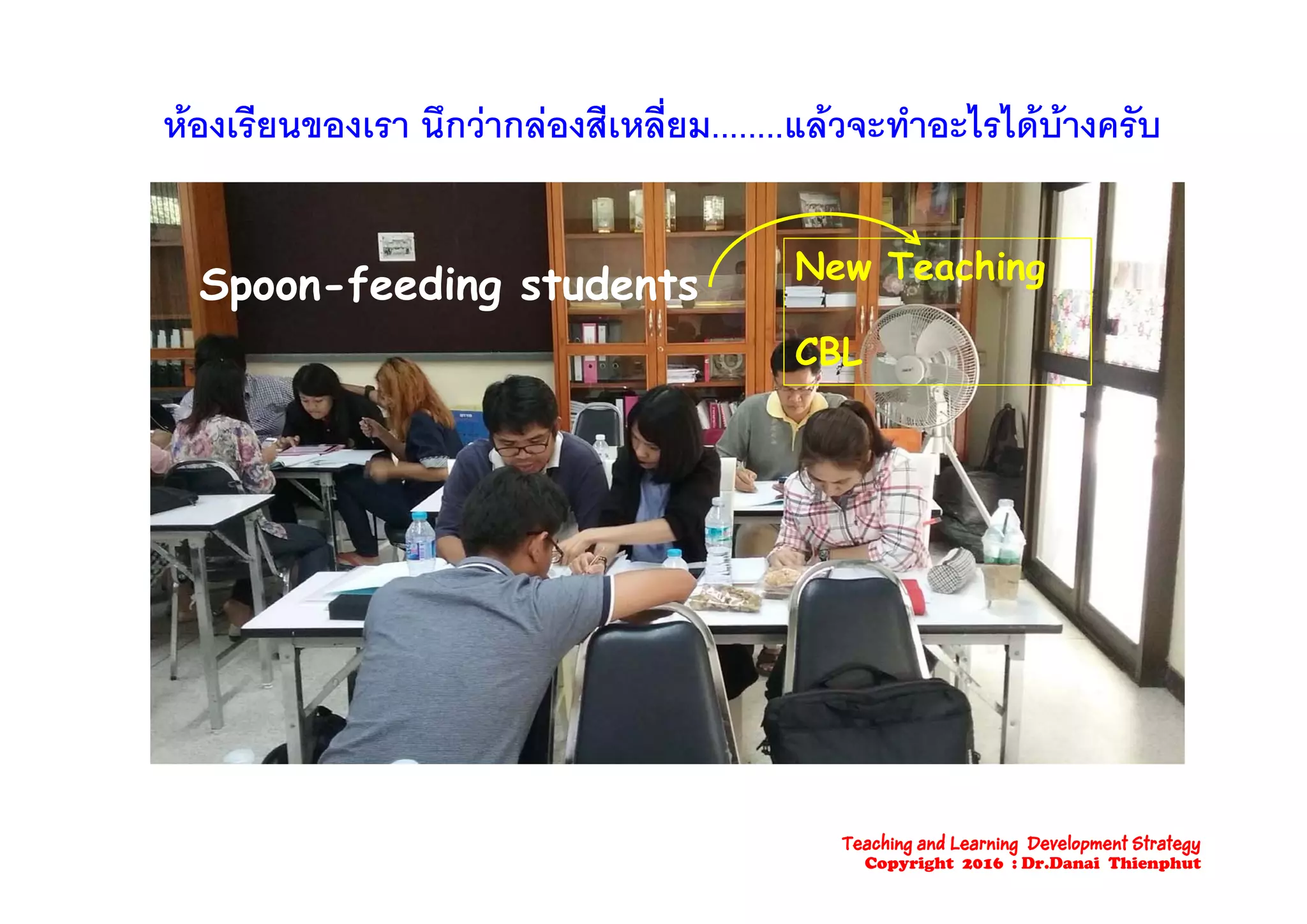 หองเรียนของเรา นึกวากลองสีเหลี่ยม........แลวจะทําอะไรไดบางครับ
N T hi
Spoon-feeding students New Teaching
CBLCBL
Teaching and Learning Development Strategy
Copyright 2016 : Dr.Danai Thienphut
 