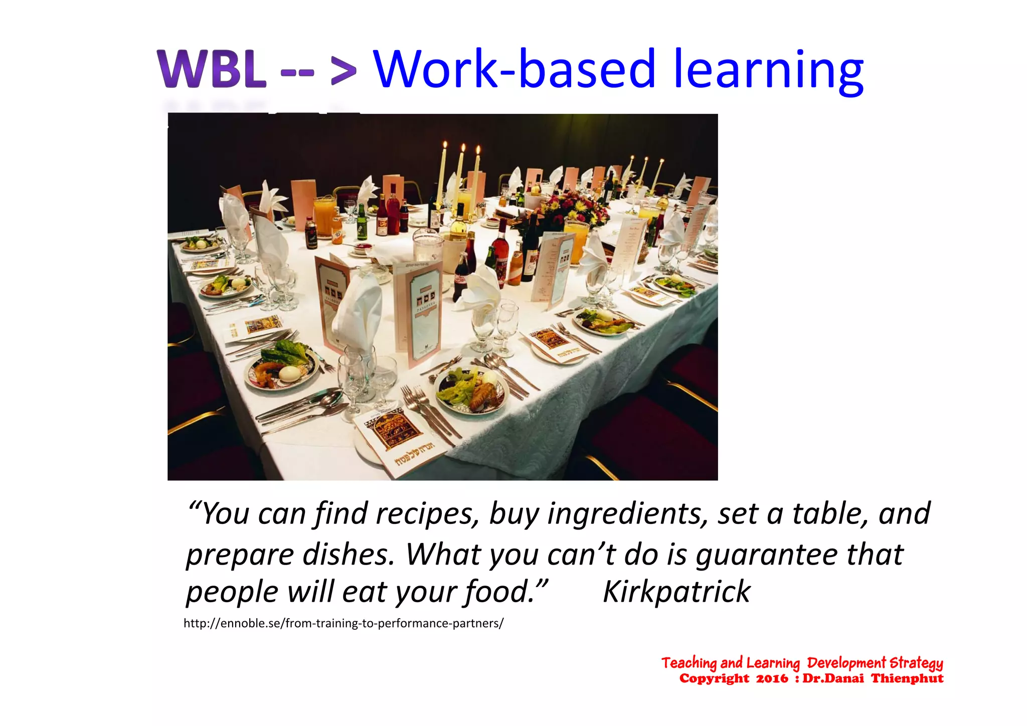 Work‐based learning 
“You can find recipes, buy ingredients, set a table, and f p , y g , ,
prepare dishes. What you can’t do is guarantee that 
people will eat your food.”       Kirkpatrick
http://ennoble.se/from‐training‐to‐performance‐partners/
Teaching and Learning Development Strategy
Copyright 2016 : Dr.Danai Thienphut
 