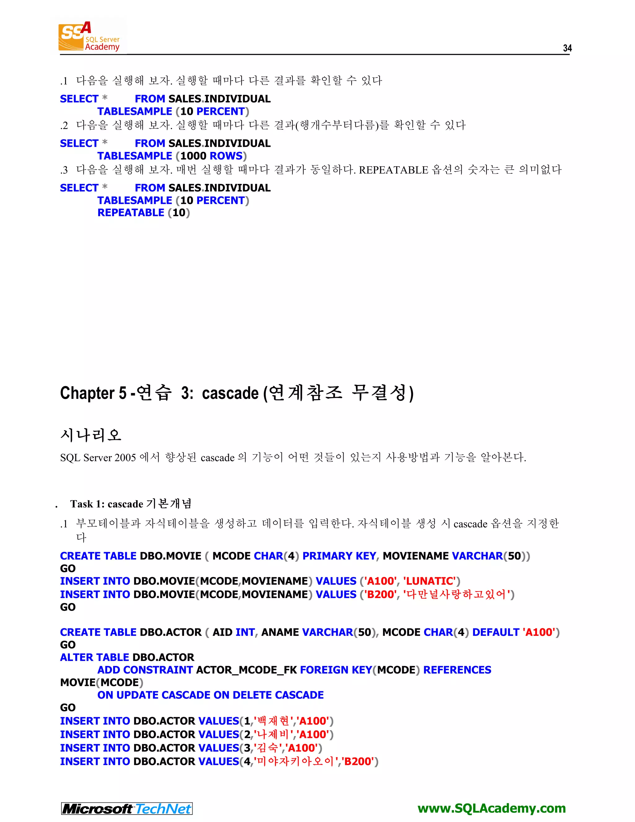 34 .1 다음을 실행해 보자. 실행할 때마다 다른 결과를 확인할 수 있다 SELECT * FROM SALES.INDIVIDUAL TABLESAMPLE (10 PERCENT) .2 다음을 실행해 보자. 실행할 때마다 다른 결과(행개수부터다름)를 확인할 수 있다 SELECT * FROM SALES.INDIVIDUAL TABLESAMPLE (1000 ROWS) .3 다음을 실행해 보자. 매번 실행할 때마다 결과가 동일하다. REPEATABLE 옵션의 숫자는 큰 의미없다 SELECT * FROM SALES.INDIVIDUAL TABLESAMPLE (10 PERCENT) REPEATABLE (10) Chapter 5 -연습 3: cascade (연계참조 무결성) 시나리오 SQL Server 2005 에서 향상된 cascade 의 기능이 어떤 것들이 있는지 사용방법과 기능을 알아본다. . Task 1: cascade 기본개념 .1 부모테이블과 자식테이블을 생성하고 데이터를 입력한다. 자식테이블 생성 시 cascade 옵션을 지정한 다 CREATE TABLE DBO.MOVIE ( MCODE CHAR(4) PRIMARY KEY, MOVIENAME VARCHAR(50)) GO INSERT INTO DBO.MOVIE(MCODE,MOVIENAME) VALUES ('A100', 'LUNATIC') INSERT INTO DBO.MOVIE(MCODE,MOVIENAME) VALUES ('B200', '다만널사랑하고있어') GO CREATE TABLE DBO.ACTOR ( AID INT, ANAME VARCHAR(50), MCODE CHAR(4) DEFAULT 'A100') GO ALTER TABLE DBO.ACTOR ADD CONSTRAINT ACTOR_MCODE_FK FOREIGN KEY(MCODE) REFERENCES MOVIE(MCODE) ON UPDATE CASCADE ON DELETE CASCADE GO INSERT INTO DBO.ACTOR VALUES(1,'백재현','A100') INSERT INTO DBO.ACTOR VALUES(2,'나제비','A100') INSERT INTO DBO.ACTOR VALUES(3,'김숙','A100') INSERT INTO DBO.ACTOR VALUES(4,'미야자키아오이','B200') www.SQLAcademy.com 