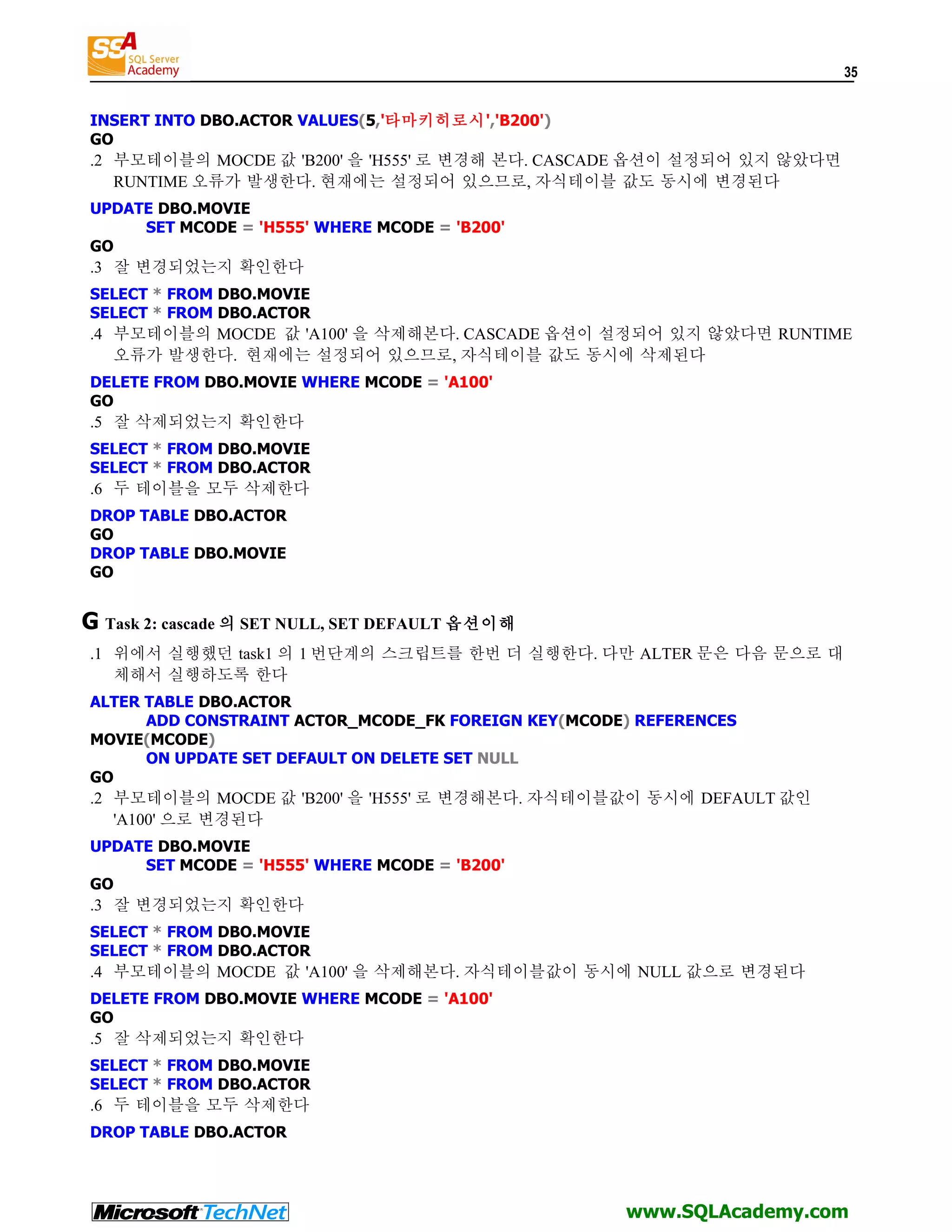 35 INSERT INTO DBO.ACTOR VALUES(5,'타마키히로시','B200') GO .2 부모테이블의 MOCDE 값 'B200' 을 'H555' 로 변경해 본다. CASCADE 옵션이 설정되어 있지 않았다면 RUNTIME 오류가 발생한다. 현재에는 설정되어 있으므로, 자식테이블 값도 동시에 변경된다 UPDATE DBO.MOVIE SET MCODE = 'H555' WHERE MCODE = 'B200' GO .3 잘 변경되었는지 확인한다 SELECT * FROM DBO.MOVIE SELECT * FROM DBO.ACTOR .4 부모테이블의 MOCDE 값 'A100' 을 삭제해본다. CASCADE 옵션이 설정되어 있지 않았다면 RUNTIME 오류가 발생한다. 현재에는 설정되어 있으므로, 자식테이블 값도 동시에 삭제된다 DELETE FROM DBO.MOVIE WHERE MCODE = 'A100' GO .5 잘 삭제되었는지 확인한다 SELECT * FROM DBO.MOVIE SELECT * FROM DBO.ACTOR .6 두 테이블을 모두 삭제한다 DROP TABLE DBO.ACTOR GO DROP TABLE DBO.MOVIE GO G Task 2: cascade 의 SET NULL, SET DEFAULT 옵션이해 .1 위에서 실행했던 task1 의 1 번단계의 스크립트를 한번 더 실행한다. 다만 ALTER 문은 다음 문으로 대 체해서 실행하도록 한다 ALTER TABLE DBO.ACTOR ADD CONSTRAINT ACTOR_MCODE_FK FOREIGN KEY(MCODE) REFERENCES MOVIE(MCODE) ON UPDATE SET DEFAULT ON DELETE SET NULL GO .2 부모테이블의 MOCDE 값 'B200' 을 'H555' 로 변경해본다. 자식테이블값이 동시에 DEFAULT 값인 'A100' 으로 변경된다 UPDATE DBO.MOVIE SET MCODE = 'H555' WHERE MCODE = 'B200' GO .3 잘 변경되었는지 확인한다 SELECT * FROM DBO.MOVIE SELECT * FROM DBO.ACTOR .4 부모테이블의 MOCDE 값 'A100' 을 삭제해본다. 자식테이블값이 동시에 NULL 값으로 변경된다 DELETE FROM DBO.MOVIE WHERE MCODE = 'A100' GO .5 잘 삭제되었는지 확인한다 SELECT * FROM DBO.MOVIE SELECT * FROM DBO.ACTOR .6 두 테이블을 모두 삭제한다 DROP TABLE DBO.ACTOR www.SQLAcademy.com 