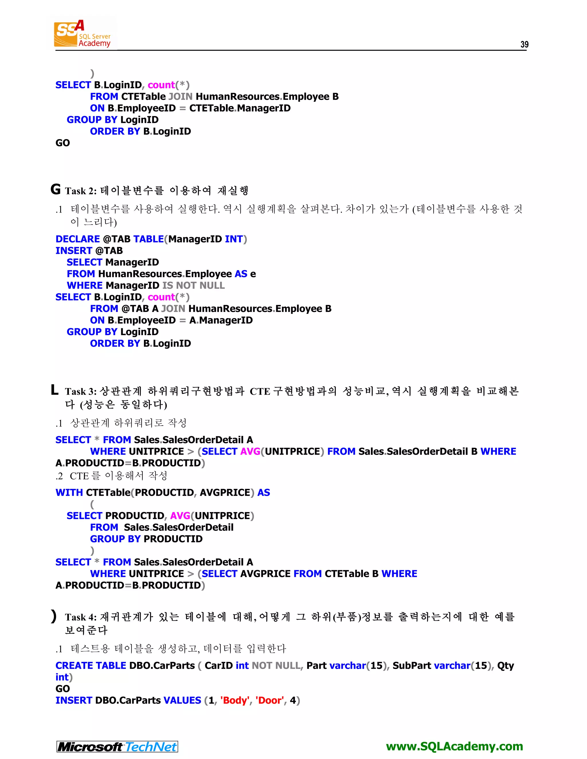 39 ) SELECT B.LoginID, count(*) FROM CTETable JOIN HumanResources.Employee B ON B.EmployeeID = CTETable.ManagerID GROUP BY LoginID ORDER BY B.LoginID GO G Task 2: 테이블변수를 이용하여 재실행 .1 테이블변수를 사용하여 실행한다. 역시 실행계획을 살펴본다. 차이가 있는가 (테이블변수를 사용한 것 이 느리다) DECLARE @TAB TABLE(ManagerID INT) INSERT @TAB SELECT ManagerID FROM HumanResources.Employee AS e WHERE ManagerID IS NOT NULL SELECT B.LoginID, count(*) FROM @TAB A JOIN HumanResources.Employee B ON B.EmployeeID = A.ManagerID GROUP BY LoginID ORDER BY B.LoginID L Task 3: 상관관계 하위쿼리구현방법과 CTE 구현방법과의 성능비교, 역시 실행계획을 비교해본 다 (성능은 동일하다) .1 상관관계 하위쿼리로 작성 SELECT * FROM Sales.SalesOrderDetail A WHERE UNITPRICE > (SELECT AVG(UNITPRICE) FROM Sales.SalesOrderDetail B WHERE A.PRODUCTID=B.PRODUCTID) .2 CTE 를 이용해서 작성 WITH CTETable(PRODUCTID, AVGPRICE) AS ( SELECT PRODUCTID, AVG(UNITPRICE) FROM Sales.SalesOrderDetail GROUP BY PRODUCTID ) SELECT * FROM Sales.SalesOrderDetail A WHERE UNITPRICE > (SELECT AVGPRICE FROM CTETable B WHERE A.PRODUCTID=B.PRODUCTID) ) Task 4: 재귀관계가 있는 테이블에 대해, 어떻게 그 하위(부품)정보를 출력하는지에 대한 예를 보여준다 .1 테스트용 테이블을 생성하고, 데이터를 입력한다 CREATE TABLE DBO.CarParts ( CarID int NOT NULL, Part varchar(15), SubPart varchar(15), Qty int) GO INSERT DBO.CarParts VALUES (1, 'Body', 'Door', 4) www.SQLAcademy.com 