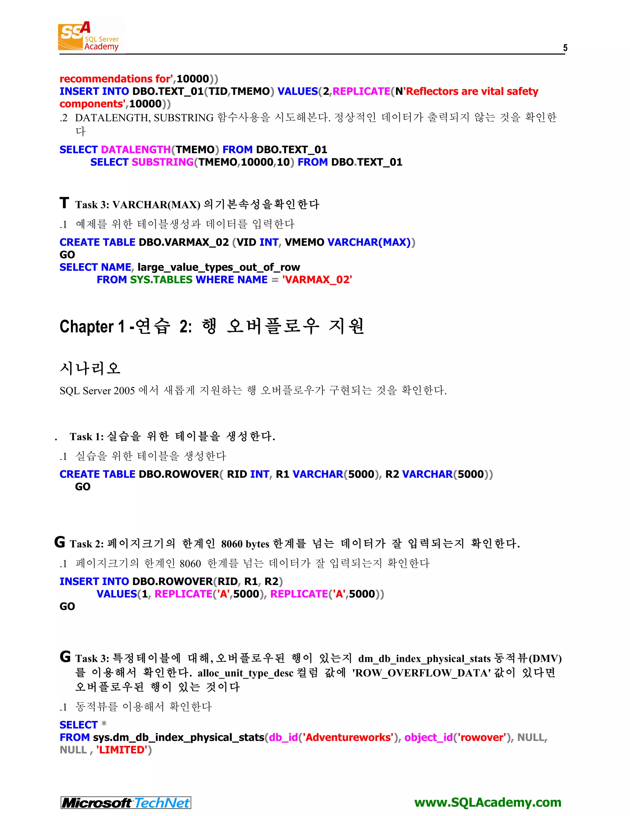 5 recommendations for',10000)) INSERT INTO DBO.TEXT_01(TID,TMEMO) VALUES(2,REPLICATE(N'Reflectors are vital safety components',10000)) .2 DATALENGTH, SUBSTRING 함수사용을 시도해본다. 정상적인 데이터가 출력되지 않는 것을 확인한 다 SELECT DATALENGTH(TMEMO) FROM DBO.TEXT_01 SELECT SUBSTRING(TMEMO,10000,10) FROM DBO.TEXT_01 T Task 3: VARCHAR(MAX) 의기본속성을확인한다 .1 예제를 위한 테이블생성과 데이터를 입력한다 CREATE TABLE DBO.VARMAX_02 (VID INT, VMEMO VARCHAR(MAX)) GO SELECT NAME, large_value_types_out_of_row FROM SYS.TABLES WHERE NAME = 'VARMAX_02' Chapter 1 -연습 2: 행 오버플로우 지원 시나리오 SQL Server 2005 에서 새롭게 지원하는 행 오버플로우가 구현되는 것을 확인한다. . Task 1: 실습을 위한 테이블을 생성한다. .1 실습을 위한 테이블을 생성한다 CREATE TABLE DBO.ROWOVER( RID INT, R1 VARCHAR(5000), R2 VARCHAR(5000)) GO G Task 2: 페이지크기의 한계인 8060 bytes 한계를 넘는 데이터가 잘 입력되는지 확인한다. .1 페이지크기의 한계인 8060 한계를 넘는 데이터가 잘 입력되는지 확인한다 INSERT INTO DBO.ROWOVER(RID, R1, R2) VALUES(1, REPLICATE('A',5000), REPLICATE('A',5000)) GO G Task 3: 특정테이블에 대해, 오버플로우된 행이 있는지 dm_db_index_physical_stats 동적뷰(DMV) 를 이용해서 확인한다. alloc_unit_type_desc 컬럼 값에 'ROW_OVERFLOW_DATA' 값이 있다면 오버플로우된 행이 있는 것이다 .1 동적뷰를 이용해서 확인한다 SELECT * FROM sys.dm_db_index_physical_stats(db_id('Adventureworks'), object_id('rowover'), NULL, NULL , 'LIMITED') www.SQLAcademy.com 