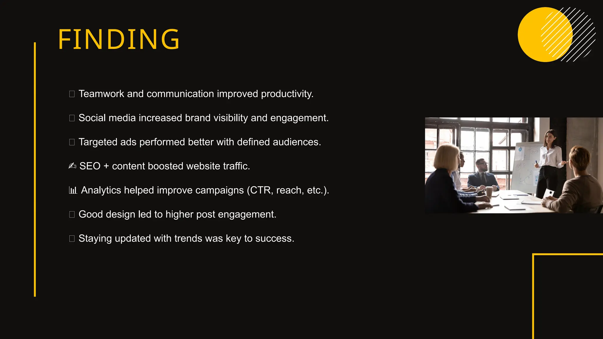 FINDING
🤝 Teamwork and communication improved productivity.
📱 Social media increased brand visibility and engagement.
🎯 Targeted ads performed better with defined audiences.
✍️SEO + content boosted website traffic.
📊 Analytics helped improve campaigns (CTR, reach, etc.).
🎨 Good design led to higher post engagement.
🔄 Staying updated with trends was key to success.
 