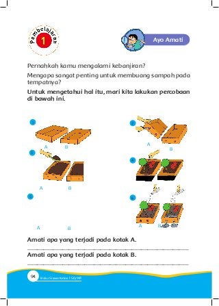 Ayo Amati
Pernahkah kamu mengalami kebanjiran?
Mengapa sangat penting untuk membuang sampah pada
tempatnya?
Untuk mengetahui hal itu, mari kita lakukan percobaan
di bawah ini.
6
1
A B
2
A
B
3
A B
4
A
5
A B
Amati apa yang terjadi pada kotak A.
___________________________________________________
Amati apa yang terjadi pada kotak B.
___________________________________________________
B
94 Buku Siswa Kelas SD/M
 