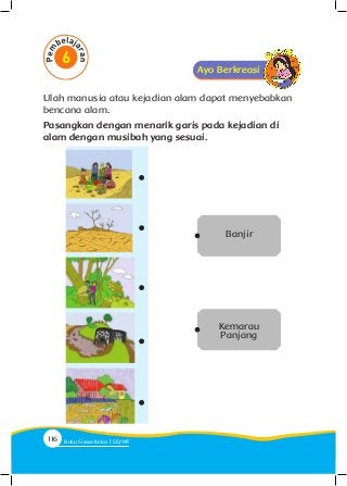 Ayo Berkreasi
Ulah manusia atau kejadian alam dapat menyebabkan
bencana alam.
Pasangkan dengan menarik garis pada kejadian di
alam dengan musibah yang sesuai.
Banjir
Kemarau
Panjang
116 Buku Siswa Kelas SD/M
 