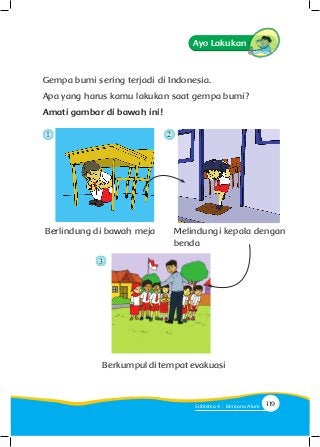 Gempa bumi sering terjadi di Indonesia.
Apa yang harus kamu lakukan saat gempa bumi?
Amati gambar di bawah ini!
Berlindung di bawah meja Melindungi kepala dengan
benda
Berkumpul di tempat evakuasi
1 2
3
Ayo Lakukan
119Subtema 4 : Bencana Alam
 