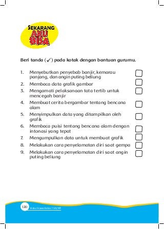 1.	 Menyebutkan penyebab banjir, kemarau 			
	 panjang, dan angin puting beliung
2.	 Membaca data grafik gambar
3.	 Mengamati pelaksanaan tata tertib untuk 			
	 mencegah banjir
4.	 Membuat cerita bergambar tentang bencana 		
	alam
5.	 Menyimpulkan data yang ditampilkan oleh 		
	grafik
6.	 Membaca puisi tentang bencana alam dengan 	
	 intonasi yang tepat
7.	 Mengumpulkan data untuk membuat grafik
8.	 Melakukan cara penyelamatan diri saat gempa
9.	 Melakukan cara penyelamatan diri saat angin 		
	 puting beliung
. . . .
. . . .
. . . .
. . . .
. . . .
. . . .
. . . .
. . . .
. . . .
Beri tanda pada kotak dengan bantuan gurumu.
120 Buku Siswa Kelas SD/M
 