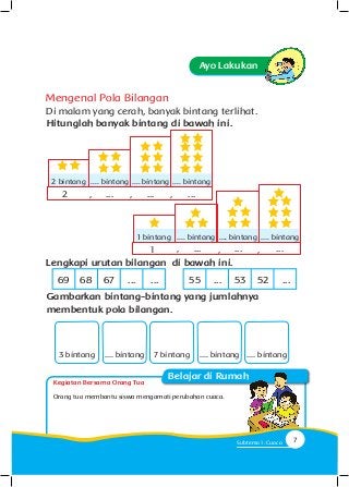 Kegiatan Bersama Orang Tua
Belajar di Rumah
Ayo Lakukan
Hitunglah banyak bintang di bawah ini.
Lengkapi urutan bilangan di bawah ini.
Gambarkan bintang-bintang yang jumlahnya
membentuk pola bilangan.
Orang tua membantu siswa mengamati perubahan cuaca.
69 5568 ...67 53... 52... ...
2 bintang .... bintang .... bintang .... bintang
1 bintang .... bintang .... bintang .... bintang
Mengenal Pola Bilangan
Di malam yang cerah, banyak bintang terlihat.
3 bintang .... bintang 7 bintang .... bintang .... bintang
2 ... ..., , , ...
1 ... ..., , , ...
7Subtema 1: Cuaca
 