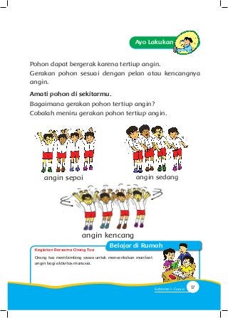 Kegiatan Bersama Orang Tua
Belajar di Rumah
angin kencang
Ayo Lakukan
Pohon dapat bergerak karena tertiup angin.
Gerakan pohon sesuai dengan pelan atau kencangnya
angin.
Amati pohon di sekitarmu.
Bagaimana gerakan pohon tertiup angin?
Cobalah meniru gerakan pohon tertiup angin.
angin sepoi
Orang tua membimbing siswa untuk menceritakan manfaat
angin bagi aktivitas manusia.
angin sedang
17Subtema 1: Cuaca
 
