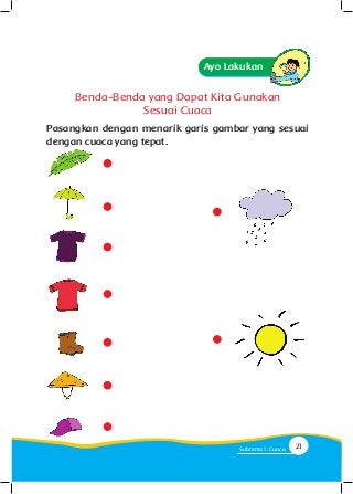 Benda-Benda yang Dapat Kita Gunakan
Sesuai Cuaca
Pasangkan dengan menarik garis gambar yang sesuai
dengan cuaca yang tepat.
Ayo Lakukan
21Subtema 1: Cuaca
 