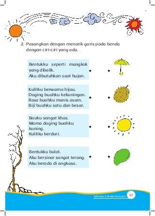 2. 	Pasangkan dengan menarik garis pada benda
dengan ciri-ciri yang ada.
Bentukku seperti mangkok
yang dibalik.
Aku dibutuhkan saat hujan.
Kulitku berwarna hijau.
Daging buahku kekuningan.
Rasa buahku manis asam.
Biji buahku satu dan besar.
Bauku sangat khas.
Warna daging buahku
kuning.
Kulitku berduri.
Bentukku bulat.
Aku bersinar sangat terang.
Aku berada di angkasa.
57Subtema 2: Musim Kemarau
 
