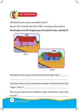 Ayo Diskusikan
Tahukah kamu apa penyebab banjir?
Banjir bisa terjadi jika kita tidak menjaga kebersihan.
Bandingkan kondisi lingkungan di sekolah A dan sekolah B.
Sekolah mana yang menurutmu bersih dan rapi? _______
___________________________________________________
Sekolah mana yang menurutmu dapat terkena banjir jika
hujan turun? _______________________________________
Apa yang dapat kamu lakukan agar sekolahmu rapi dan
bersih? ____________________________________________
SD B
SD A
70 Buku Siswa Kelas SD/M
 