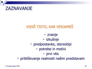 Z AZNAVANJ E VIDIŠ TISTO, KAR VERJAMEŠ   znanje izkušnje predpostavke, stereotipi potrebe in motivi prvi vtis približevanje realnosti našim predstavam 