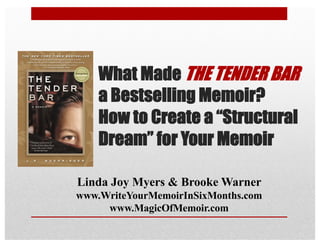 What Made THE TENDER BAR
a Bestselling Memoir?
How to Create a “Structural
Dream” for Your Memoir
Linda Joy Myers & Brooke Warner
www.WriteYourMemoirInSixMonths.com
www.MagicOfMemoir.com
 