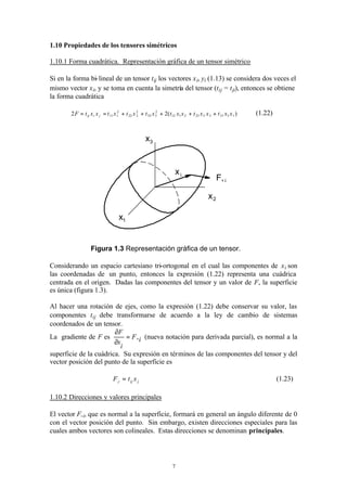 7
1.10 Propiedades de los tensores simétricos
1.10.1 Forma cuadrática. Representación gráfica de un tensor simétrico
Si en la forma bi-lineal de un tensor tij los vectores xi, yi (1.13) se considera dos veces el
mismo vector xi, y se toma en cuenta la simetría del tensor (tij = tji), entonces se obtiene
la forma cuadrática
)(22 133132232112
2
333
2
222
2
111 xxtxxtxxtxtxtxtxxtF jiij +++++== (1.22)
Figura 1.3 Representación gráfica de un tensor.
Considerando un espacio cartesiano tri-ortogonal en el cual las componentes de xi son
las coordenadas de un punto, entonces la expresión (1.22) representa una cuádrica
centrada en el origen. Dadas las componentes del tensor y un valor de F, la superficie
es única (figura 1.3).
Al hacer una rotación de ejes, como la expresión (1.22) debe conservar su valor, las
componentes tij debe transformarse de acuerdo a la ley de cambio de sistemas
coordenados de un tensor.
La gradiente de F es iF
i
x
F
,=
∂
∂
(nueva notación para derivada parcial), es normal a la
superficie de la cuádrica. Su expresión en términos de las componentes del tensor y del
vector posición del punto de la superficie es
jiji xtF =, (1.23)
1.10.2 Direcciones y valores principales
El vector F,i, que es normal a la superficie, formará en general un ángulo diferente de 0
con el vector posición del punto. Sin embargo, existen direcciones especiales para las
cuales ambos vectores son colineales. Estas direcciones se denominan principales.
x
x
x3
2
1
ix
F,i
 