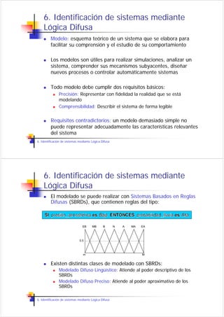 6. Identificación de sistemas mediante
    Lógica Difusa
         Modelo: esquema teórico de un sistema que se elabora para
         facilitar su comprensión y el estudio de su comportamiento

         Los modelos son útiles para realizar simulaciones, analizar un
         sistema, comprender sus mecanismos subyacentes, diseñar
         nuevos procesos o controlar automáticamente sistemas

         Todo modelo debe cumplir dos requisitos básicos:
               Precisión: Representar con fidelidad la realidad que se está
               modelando
               Comprensibilidad: Describir el sistema de forma legible


         Requisitos contradictorios: un modelo demasiado simple no
         puede representar adecuadamente las características relevantes
         del sistema
6. Identificación de sistemas mediante Lógica Difusa




    6. Identificación de sistemas mediante
    Lógica Difusa
         El modelado se puede realizar con Sistemas Basados en Reglas
         Difusas (SBRDs), que contienen reglas del tipo:



                                EB     MB      B       N   A   MA   EA



                              0,5



                                 m                                  M


         Existen distintas clases de modelado con SBRDs:
               Modelado Difuso Lingüístico: Atiende al poder descriptivo de los
               SBRDs
               Modelado Difuso Preciso: Atiende al poder aproximativo de los
               SBRDs

6. Identificación de sistemas mediante Lógica Difusa
 