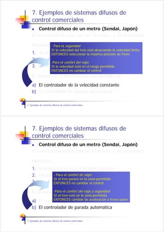 7. Ejemplos de sistemas difusos de
    control comerciales
        Control difuso de un metro (Sendai, Japón)
    El tren mantiene una ruta de 13.6 kms. y 16 estaciones

    Objetivos: Para la seguridad:
             -
                       SI la velocidad del tren está alcanzando la velocidad límite
    1. Acelerar hasta una velocidad máxima de freno
             ENTONCES seleccionar la máxima posición
    2. Decidir si mantener la velocidad máxima
             -Para el confort del viaje:
    3. Parar aproximadamenteelen una posición
             SI la velocidad está en rango permitido
                       ENTONCES no cambiar el control
    El sistema de control difuso está dividido en:
    a) El controlador de la velocidad constante
    b) El controlador de parada automática

7. Ejemplos de sistemas difusos de control comerciales




    7. Ejemplos de sistemas difusos de
    control comerciales
        Control difuso de un metro (Sendai, Japón)
    El tren mantiene una ruta de 13.6 kms. y 16 estaciones

    Objetivos:
    1. Acelerar hasta una velocidad máxima
    2. Decidir -si mantener de viaje:
                 Para el confort la velocidad máxima
               SI el tren parará en la zona permitida
    3. Parar aproximadamente encontrol posición
               ENTONCES no cambiar el una

    El sistema -Para el confort del viaje y seguridad: en:
               de control difuso está dividido
                     SI el tren está en la zona permitida
    a) El       controlador de la velocidad constantesuave
                     ENTONCES cambiar de aceleración a freno

    b) El controlador de parada automática

7. Ejemplos de sistemas difusos de control comerciales
 