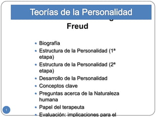 Teoría Psicoanalítica: Sigmund
                Freud

        Biografía
        Estructura de la Personalidad (1ª
           etapa)
           Estructura de la Personalidad (2ª
       
           etapa)
           Desarrollo de la Personalidad
       
           Conceptos clave
       
           Preguntas acerca de la Naturaleza
       
           humana
           Papel del terapeuta
       
1
           Evaluación: implicaciones para el
       
 