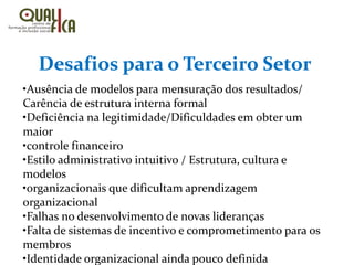 Desafios para o Terceiro Setor
•Ausência de modelos para mensuração dos resultados/
Carência de estrutura interna formal
•Deficiência na legitimidade/Dificuldades em obter um
maior
•controle financeiro
•Estilo administrativo intuitivo / Estrutura, cultura e
modelos
•organizacionais que dificultam aprendizagem
organizacional
•Falhas no desenvolvimento de novas lideranças
•Falta de sistemas de incentivo e comprometimento para os
membros
•Identidade organizacional ainda pouco definida
 