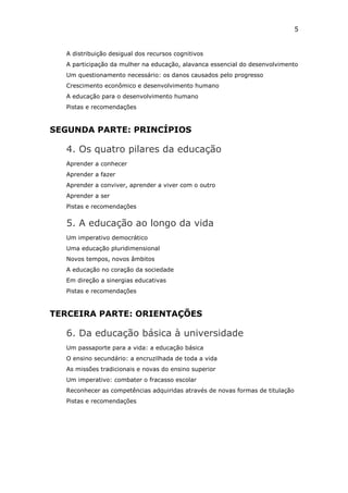 5


  A distribuição desigual dos recursos cognitivos
  A participação da mulher na educação, alavanca essencial do desenvolvimento
  Um questionamento necessário: os danos causados pelo progresso
  Crescimento econômico e desenvolvimento humano
  A educação para o desenvolvimento humano
  Pistas e recomendações



SEGUNDA PARTE: PRINCÍPIOS

  4. Os quatro pilares da educação
  Aprender a conhecer
  Aprender a fazer
  Aprender a conviver, aprender a viver com o outro
  Aprender a ser
  Pistas e recomendações


  5. A educação ao longo da vida
  Um imperativo democrático
  Uma educação pluridimensional
  Novos tempos, novos âmbitos
  A educação no coração da sociedade
  Em direção a sinergias educativas
  Pistas e recomendações



TERCEIRA PARTE: ORIENTAÇÕES

  6. Da educação básica à universidade
  Um passaporte para a vida: a educação básica
  O ensino secundário: a encruzilhada de toda a vida
  As missões tradicionais e novas do ensino superior
  Um imperativo: combater o fracasso escolar
  Reconhecer as competências adquiridas através de novas formas de titulação
  Pistas e recomendações
 