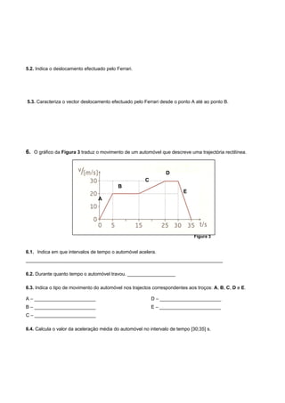 5.2. Indica o deslocamento efectuado pelo Ferrari.
5.3. Caracteriza o vector deslocamento efectuado pelo Ferrari desde o ponto A até ao ponto B.
6. O gráfico da Figura 3 traduz o movimento de um automóvel que descreve uma trajectória rectilínea.
6.1. Indica em que intervalos de tempo o automóvel acelera.
__________________________________________________________________________
6.2. Durante quanto tempo o automóvel travou. __________________
6.3. Indica o tipo de movimento do automóvel nos trajectos correspondentes aos troços: A, B, C, D e E.
A – _______________________
B – _______________________
C – _______________________
D – _______________________
E – _______________________
6.4. Calcula o valor da aceleração média do automóvel no intervalo de tempo [30;35] s.
A
B
C
D
E
Figura 3
 