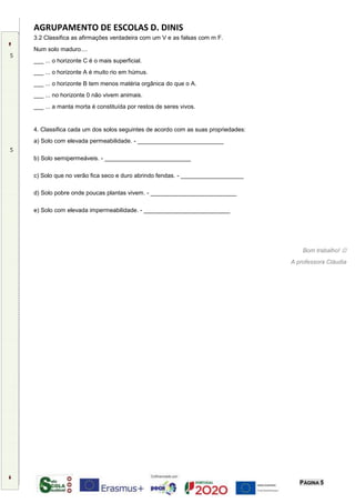 AGRUPAMENTO DE ESCOLAS D. DINIS
PÁGINA 5
3.2 Classifica as afirmações verdadeira com um V e as falsas com m F.
Num solo maduro....
___ ... o horizonte C é o mais superficial.
___ ... o horizonte A é muito rio em húmus.
___ ... o horizonte B tem menos matéria orgânica do que o A.
___ ... no horizonte 0 não vivem animais.
___ ... a manta morta é constituída por restos de seres vivos.
4. Classifica cada um dos solos seguintes de acordo com as suas propriedades:
a) Solo com elevada permeabilidade. - __________________________
b) Solo semipermeáveis. - __________________________
c) Solo que no verão fica seco e duro abrindo fendas. - ___________________
d) Solo pobre onde poucas plantas vivem. - __________________________
e) Solo com elevada impermeabilidade. - __________________________
Bom trabalho! 
A professora Cláudia
5
5
 