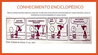 CONHECIMENTO ENCICLOPÉDICO
São os conhecimentos sobre as coisas do mundo que se encontram armazenadas em nossa memória, como se
tivéssemos uma enciclopédia em nossa mente.
 