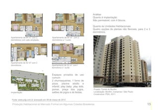 Análise:
                                                                         Quanto à implantação:
                                                                         Não permeável, com 4 blocos.

                                                                         Quanto às Unidades Habitacionais:
                                                                         Quatro opções de plantas não flexíveis, para 2 e 3
                                                                         dormitórios.

Apartamento de 64 m2 com 2             Apartamento de 64 m2 com 2
dormitórios com sala ampliada.         dormitórios e 1 suíte.




Apartamento de 52 m2 com 2
dormitórios.                           Apartamento de 52 m2 com1
                                       dormitório e 1 suíte.


                                       Espaços privados de uso
                                       comum:
                                       2 churrasqueiras, 1 forno de
                                       pizza, piscina adulto e
                                       infantil, play baby, play kids,
                                       pomar, praça dos jogos,           Projeto: Torres do Bonfim
Implantação                            salões de jogos e de festas.      Localização: Bonfim, Campinas / São Paulo
                                                                         Construtora: PDG, 2011.

Fonte: www.pdg.com.br acessado em 08 de março de 2012

 Produção Habitacional do Mercado Formal em Algumas Cidades Brasileiras                                                 15
 