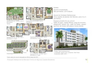 Análise:
                                                                       Quanto à implantação:
                                                                       Não permeável, com 6 blocos.

                                                                       Quanto às Unidades Habitacionais:
                                                                       Cinco opções de plantas não flexíveis, para 2 ou 3
                                                                       dormitórios.
Apartamento de 43,99m2 com 2    Apartamento de 43,99m2 com 2           Espaços privados de uso comum:
dormitórios                     dormitórios                            Salão de jogos, espaço fitnnes, praça de encontro,
Térreo
                                                                       playground, espaço zen, salão de festas, espaço
                                                                       gourmet, lan house, kid’s place e home cinema.




Apartamento de 46,78m2 com 1            Apartamento de 50,78m2 com 2
dormitório e 1 suíte                    dormitórios e 1 suíte




                                                                       Projeto: Park Contempornium
                                                                       Localização: Santa Lúcia, Campinas / São Paulo
Implantação                            Apartamento de 46,78m2 com 1    Construtora: MRV, 2011.
                                       dormitório e 1 suíte
Fonte: www.mrv.com.br acessado em 08 de março de 2012

Produção Habitacional do Mercado Formal em Algumas Cidades Brasileiras                                                  18
 
