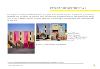 PROJETO DE REFERÊNCIA 2

Este projeto um exemplo de flexibilidade evolutiva, que ,apesar de ser destinado às classes de baixa renda, seu conceito de
flexibilidade pode ser aplicado em projetos de outras camadas sociais. A flexibilidade evolutiva pressupõe mudanças à longo
prazo, à partir da evolução financeira ou familiar. Neste caso, os espaços vazios contidos entre os eixos construtivos podem
ser edificados.




                                                                                                  FICHA TÉCNICA
                                                                                                  Projeto: Elemental
                                                                                                  Arquiteto: Alejandro Aravena
                                                                                                  Localização: Iquique, Chile
                                                                                                  Data: 2007

                                                  Zonas a serem edificadas posteriormente.




Fonte: http://www.alejandroaravena.com/obras/vivienda-housing/elemental/, acessado em 28/09/011

Projeto de referência 2                                                                                                          23
 