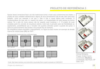 PROJETO DE REFERÊNCIA 3

Apesar dessa construtora fazer uso das tradicionais torres e isolar seus condomínios da cidade, o
projeto de suas unidades habitacionais e alguns de seus pensamentos são de alto valor para esse
trabalho, como por exemplo a de que o “fato é que a nossa época está mudando. O
Contemporâneo de hoje não é o mesmo de ontem, e a singularidade de cada pessoa se tornou




                                                                                                                                                 Localização das paredes que poderão ser edificadas.
valiosa. Só o jeito de morar parece não ter seguido essa mudança (...)”. O projeto de suas
unidades parte do conceito de arquitetura aberta, onde tudo é pensado para dar flexibilidade ao
apartamento, possibilitando que o morador crie quantos cômodos quiser e quando ele quiser, à




                                                                                                    Exemplo de divisão interna do módulo base.
partir do posicionamento das janelas e da posição fixa do banheiro.
Os infográficos abaixo elucidam o agrupamento, e a figura ao lado mostra um exemplo de divisão
interna do módulo base (MB) de 70m2.

Agrupamento horizontal dos módulos base:




Sem agrupar         2x MB                 3x MB                 4x MB

Agrupamento vertical dos módulos base:

                                                                                                    FICHA TÉCNICA
                                                                                                    Projeto: Anália Franco
Sem agrupar         2x MB                 3x MB                 4x MB                               Construtora: MaxHaus
                                                                                                    Localização: São Paulo, SP
Fonte: http://www.maxhaus.com.br/escolha-o-seu/analia-franco.aspx#, acessado em 09/03/2012          Data: 2012

Projeto de referência 3                                                                                                                          24
 