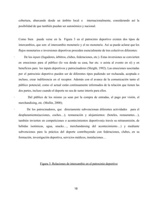 cobertura, abarcando desde un ámbito local e internacionalmente, considerando así la
posibilidad de que también puedan ser autonómico y nacional.
Como bien puede verse en la Figura 3 ​en el patrocinio deportivo existen dos tipos de
intercambios, que son: el intercambio monetario y el no monetario. Así se puede aclarar que los
flujos monetarios o inversiones deportivas proceden esencialmente de tres colectivos diferentes:
· De los ​inputs ​(Jugadores, árbitros, clubes, federaciones, etc.). Estas inversiones se convierten
en emociones para el público (lo vea desde su casa, bar etc. o asista al evento en sí) y en
beneficios para los inputs deportivos y patrocinadores (Sleight, 1992). Las emociones suscitadas
por el patrocinio deportivo pueden ser de diferentes tipos pudiendo ser rechazada, aceptada o
incluso, crear indiferencia en el receptor. Además con el avance de la comunicación tanto el
público potencial, como el actual están continuamente informados de la relación que tienen las
dos partes, incluso cuando el deporte no sea de sumo interés para ellos.
· Del público de los mismo ya sean por la compra de entradas, el pago por visión, el
merchandising, etc. (Mullin, 2000);
· De los patrocinadores, que directamente subvencionan diferentes actividades para el
desplazamiento(acciones, coches…); restauración y alojamientos: (hoteles, restaurantes…),
también invierten en competiciones o acontecimientos deportivos(a través su retransmisión, de
bebidas isotónicas, agua, snacks…, merchandaising del acontecimiento…) y mediante
subvenciones para la práctica del deporte contribuyendo con federaciones, clubes, en su
formación, investigación deportiva, servicios médicos, instalaciones…
Figura 3: Relaciones de intercambio en el patrocinio deportivo
18
 
